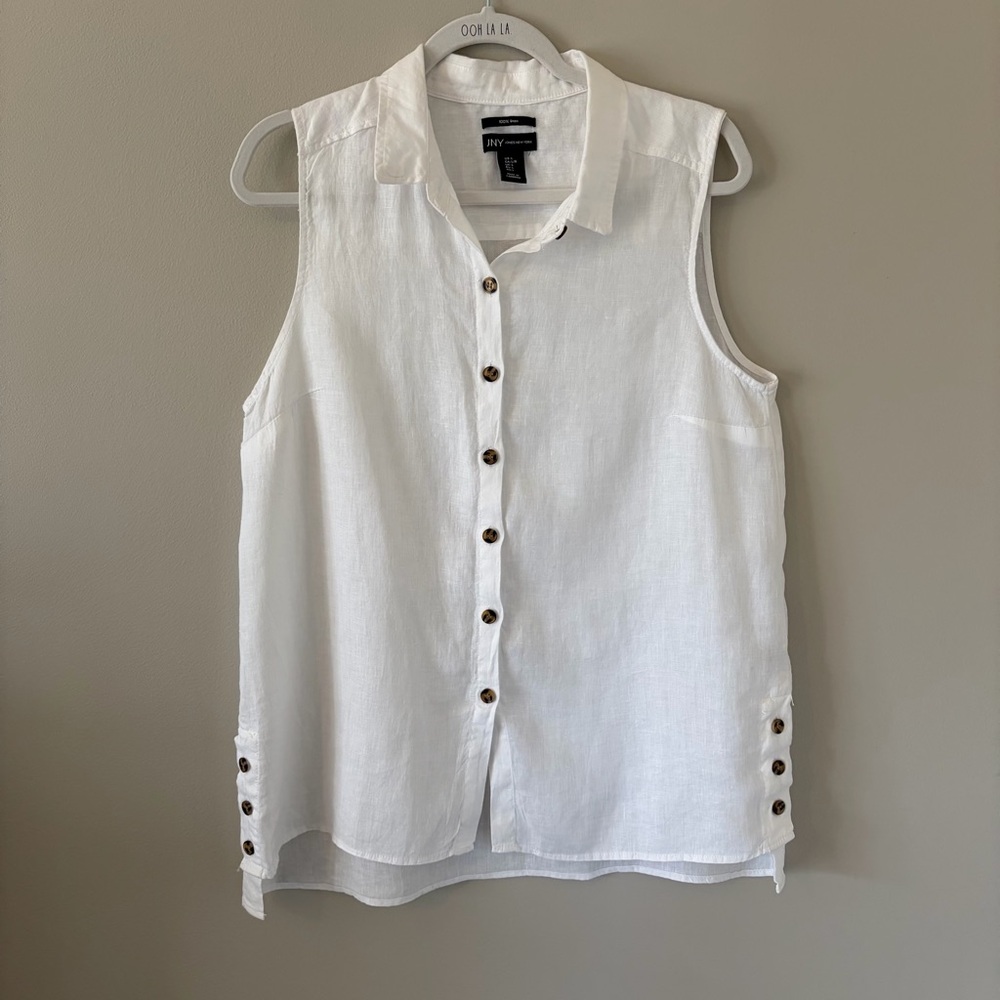100% Linen Jones New York White Sleeveless Button-Down Shirt Size Large